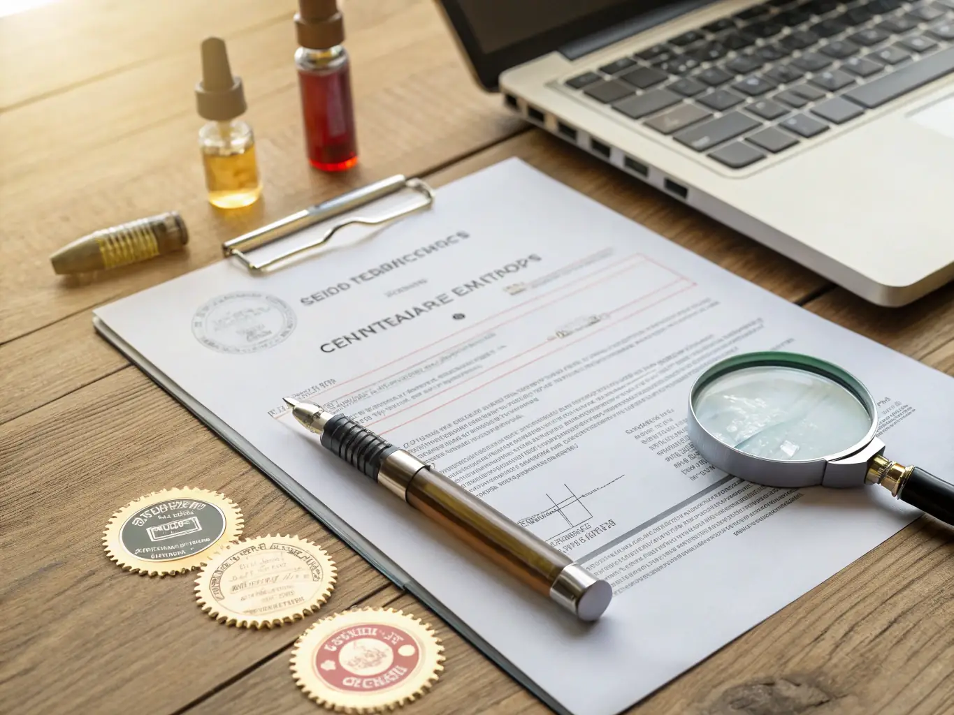 A photograph of a vape manufacturer's certification documents, emphasizing compliance and quality assurance.