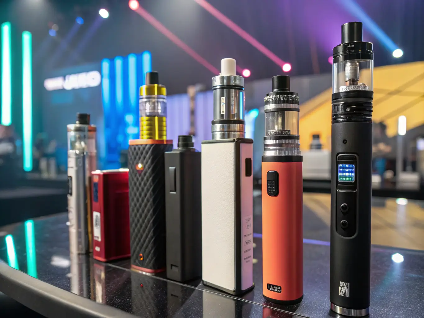 A close-up shot of various vape products (e-cigarettes, vape pens, mods) showcasing different designs and functionalities, highlighting the diversity of OEM capabilities.
