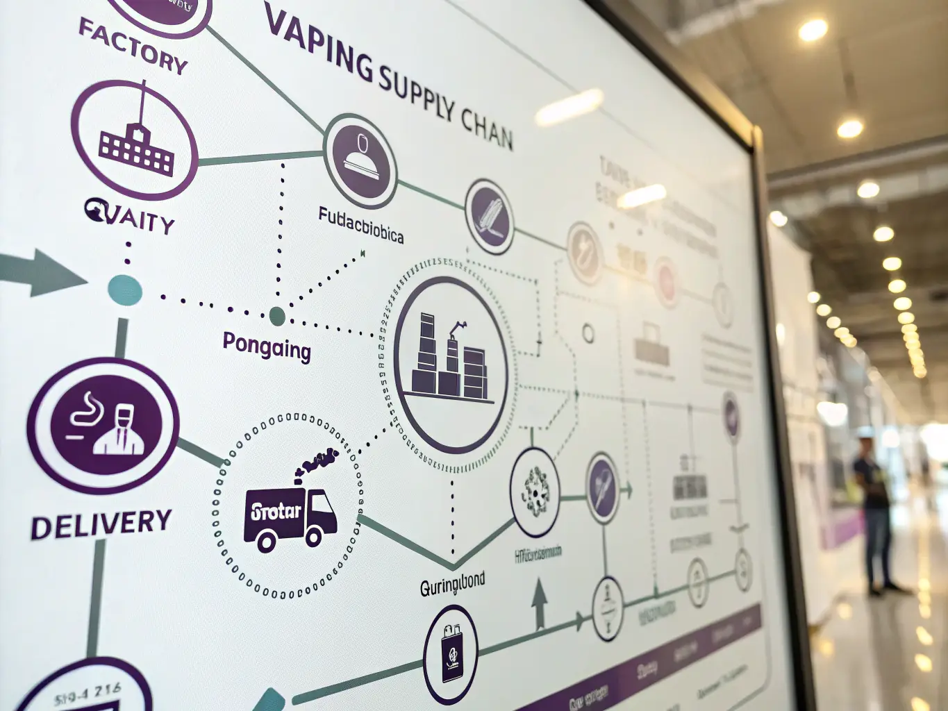 A detailed supply chain diagram illustrating the flow of materials and products from manufacturing to distribution, with icons representing various stages and processes in the vaping industry.