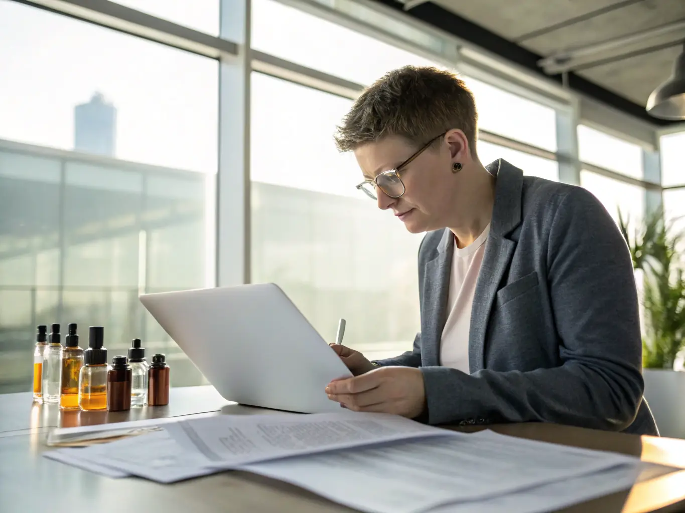 A professional carefully reviews regulatory documents on a modern laptop, surrounded by vaping product samples, in a well-lit office setting. The scene conveys diligence and expertise in navigating industry compliance.