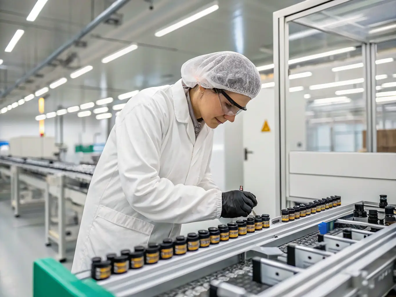 A professional factory worker in a clean, modern vape manufacturing facility, assembling vape components with precision. The image should convey quality and attention to detail.