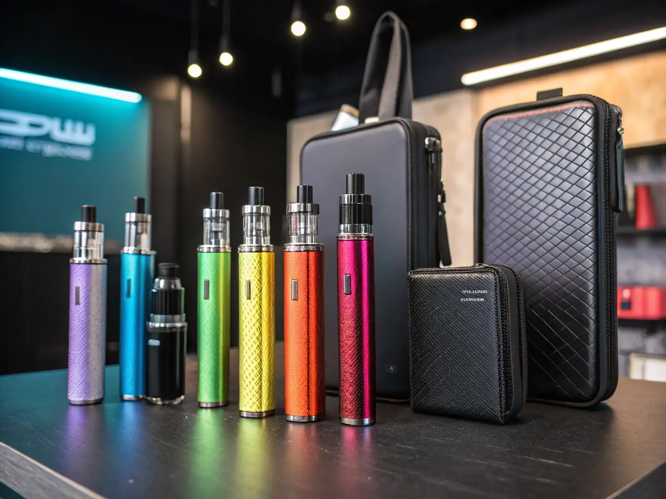 A photograph of a diverse range of vape products, highlighting different styles, flavors, and technologies.