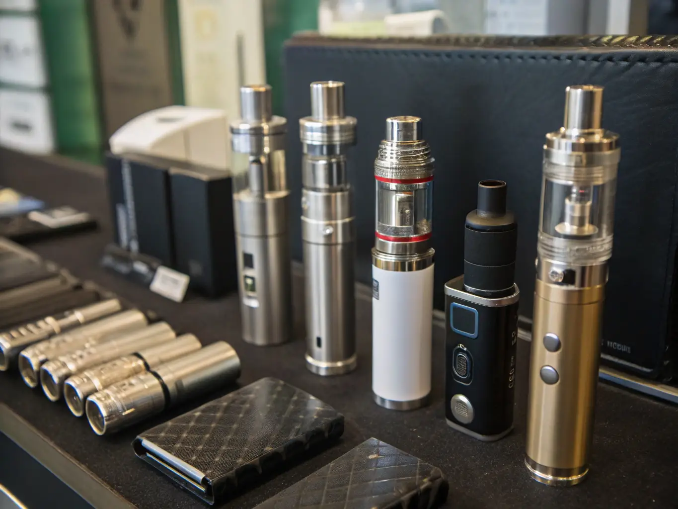 A detailed image featuring various vape accessories, such as coils, tanks, batteries, and chargers, arranged to showcase their functionality and importance. The image should emphasize the essential components for vaping.