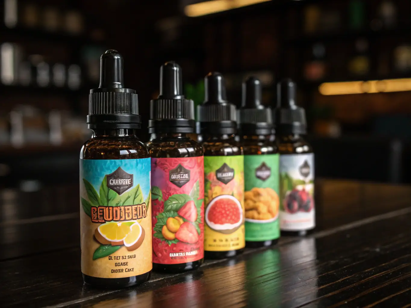 A high-quality image showcasing a variety of e-liquids in different flavors and packaging, arranged neatly on a shelf. The image should convey the diversity and appeal of e-liquid products.