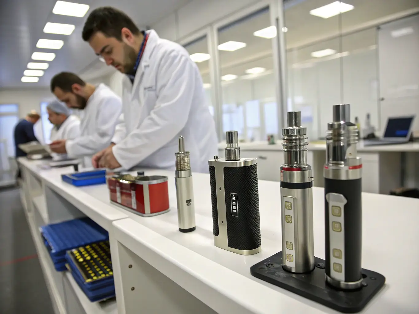 A professional photograph of a modern vape manufacturing facility, showcasing advanced technology and quality control processes.