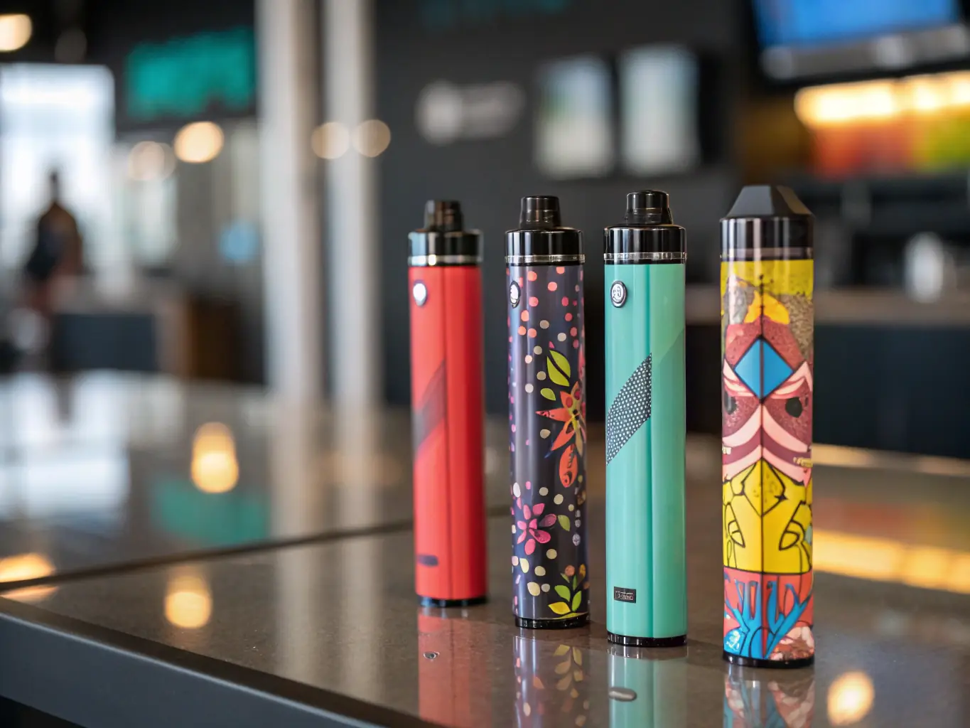 A detailed image of disposable vape pens in various colors and styles, displayed in a retail-ready arrangement, highlighting convenience and innovation for modern vaping consumers.