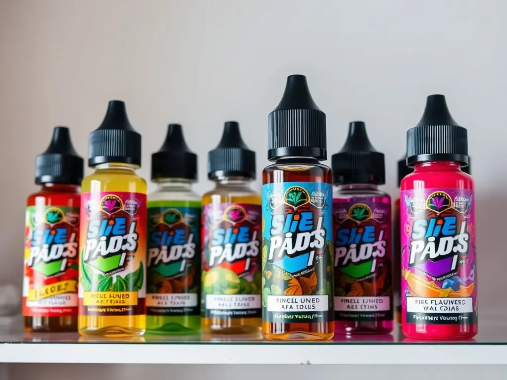 A vibrant image of colorful e-liquid bottles arranged neatly, with visible labels and branding, set against a clean white background, representing the diversity of vape juice flavors and brands.