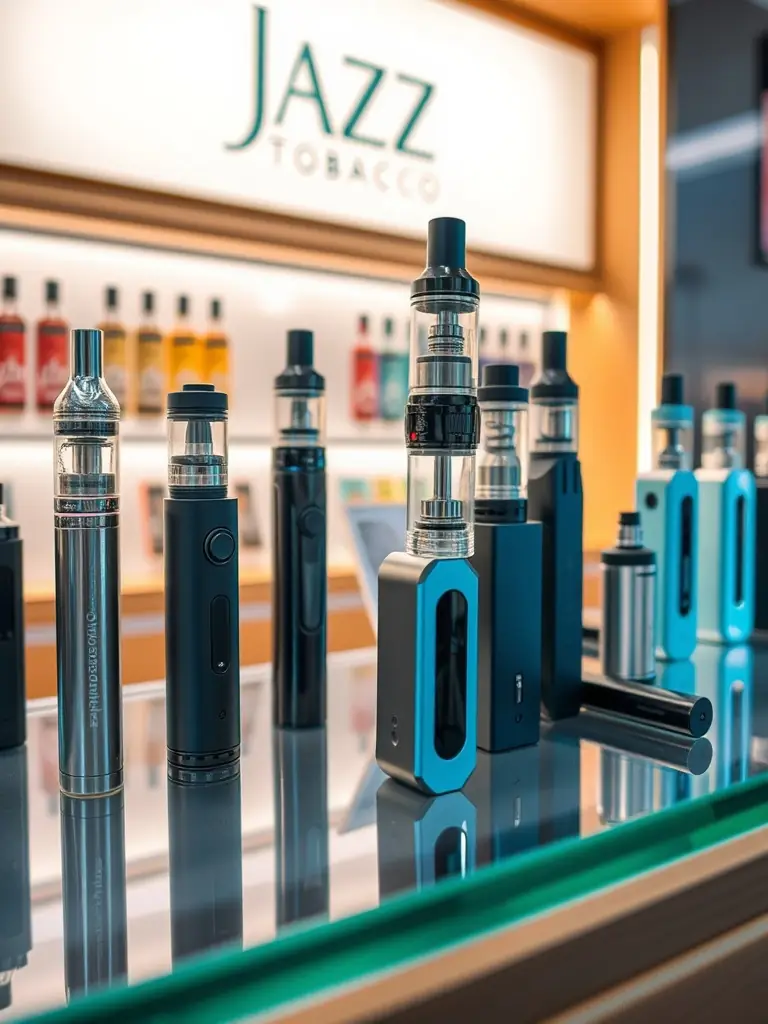 A photograph showcasing a variety of vape products from different manufacturers, including pod systems, mods, and e-liquids, arranged in an appealing display, highlighting the diversity of products available in the directory.