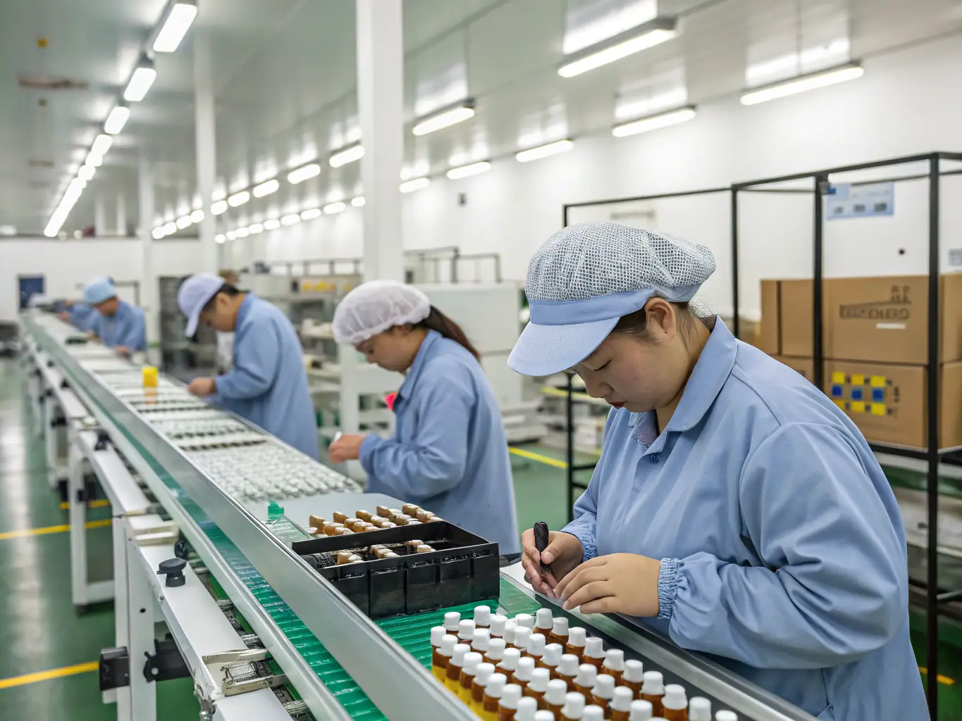 A modern vape factory interior with automated production lines, showcasing advanced technology and quality control processes. The scene is brightly lit, emphasizing cleanliness and efficiency.